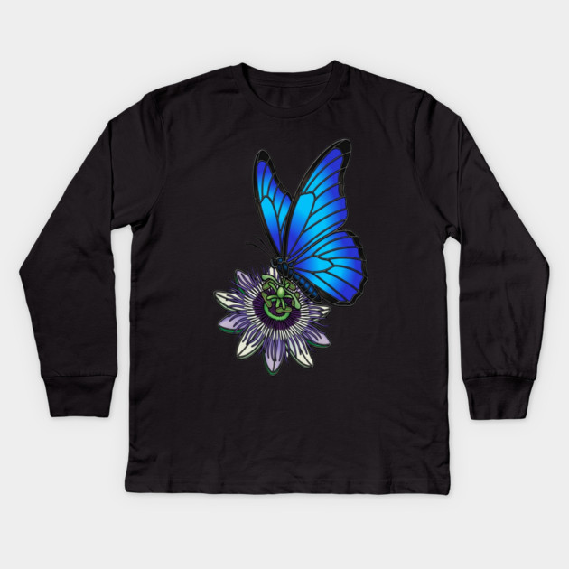 Blue Morpho Butterfly Botanical Design Kids Long Sleeve T-Shirt by BirdsnStuff