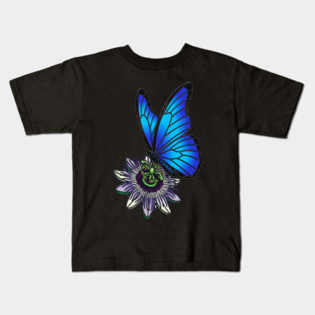Blue Morpho Butterfly Botanical Design Kids T-Shirt by BirdsnStuff