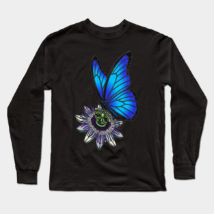 Blue Morpho Butterfly Botanical Design Long Sleeve T-Shirt