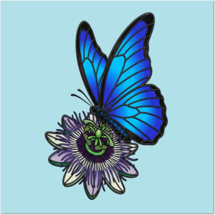 Blue Morpho Butterfly Botanical Design Posters and Art