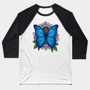 Blue Morpho Butterfly Passionflower Art Baseball T-Shirt
