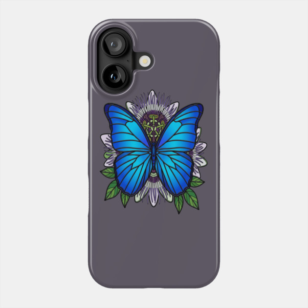 Blue Morpho Butterfly Passionflower Art Phone Case by BirdsnStuff