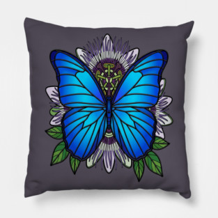 Blue Morpho Butterfly Passionflower Art Pillow
