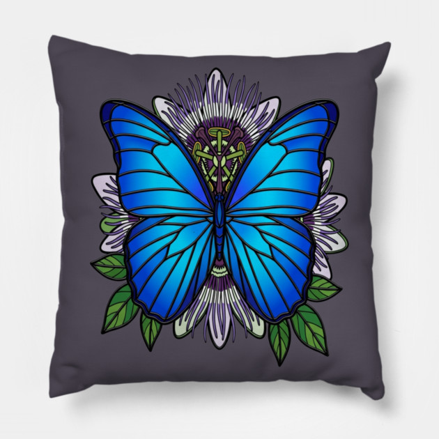 Blue Morpho Butterfly Passionflower Art Pillow by BirdsnStuff