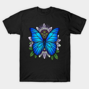 Blue Morpho Butterfly Passionflower Art T-Shirt