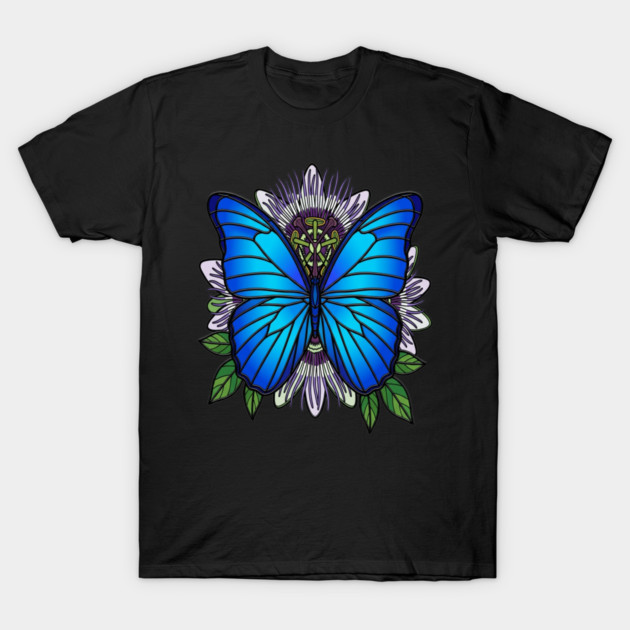 Blue Morpho Butterfly Passionflower Art T-Shirt by BirdsnStuff