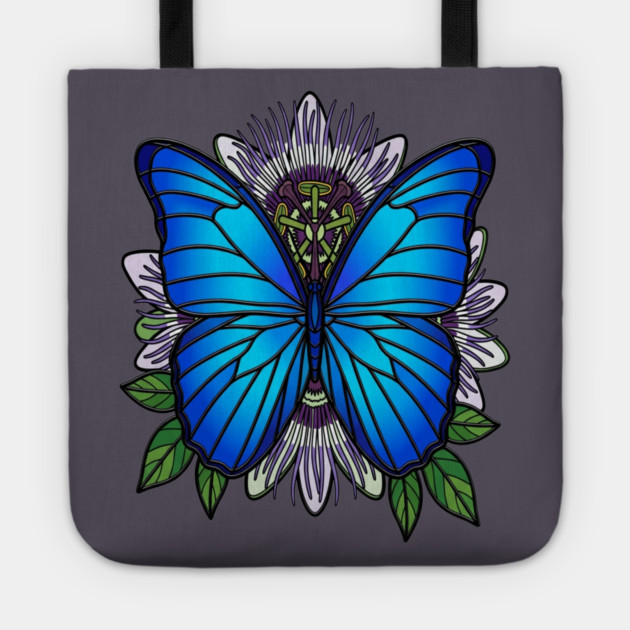 Blue Morpho Butterfly Passionflower Art Tote by BirdsnStuff