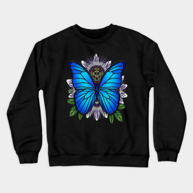 Blue Morpho Butterfly Passionflower Art Crewneck Sweatshirt by BirdsnStuff