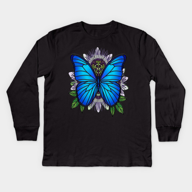 Blue Morpho Butterfly Passionflower Art Kids Long Sleeve T-Shirt by BirdsnStuff