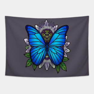 Blue Morpho Butterfly Passionflower Art Tapestry
