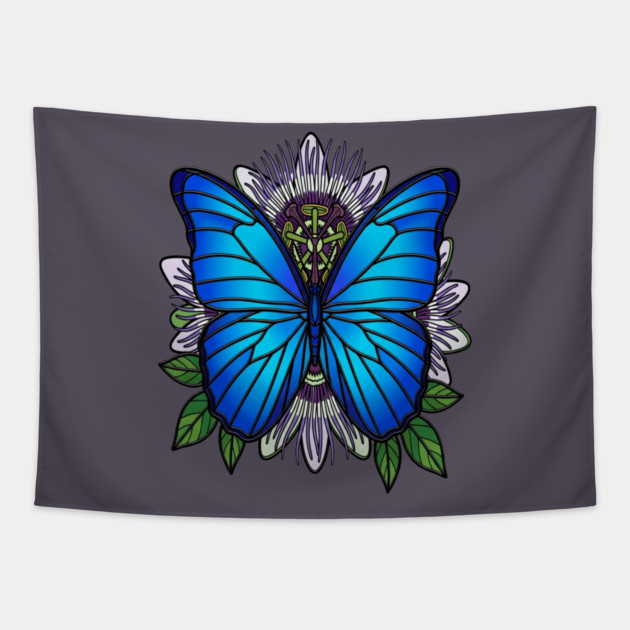Blue Morpho Butterfly Passionflower Art Tapestry by BirdsnStuff