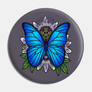 Blue Morpho Butterfly Passionflower Art Pin
