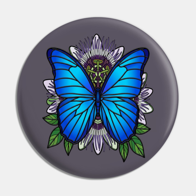 Blue Morpho Butterfly Passionflower Art Pin by BirdsnStuff