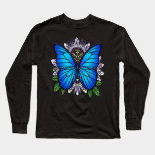 Blue Morpho Butterfly Passionflower Art Long Sleeve T-Shirt