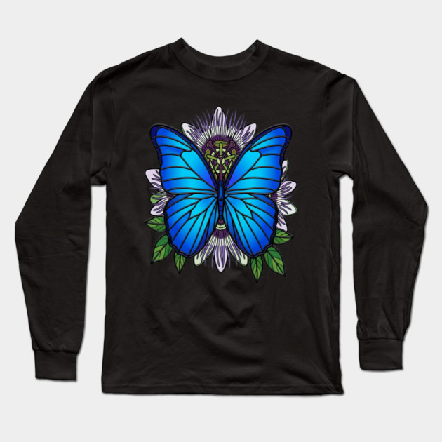 Blue Morpho Butterfly Passionflower Art Long Sleeve T-Shirt by BirdsnStuff