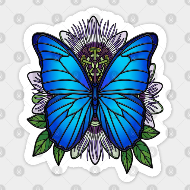 Blue Morpho Butterfly Passionflower Art Sticker by BirdsnStuff