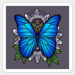 Blue Morpho Butterfly Passionflower Art Magnet