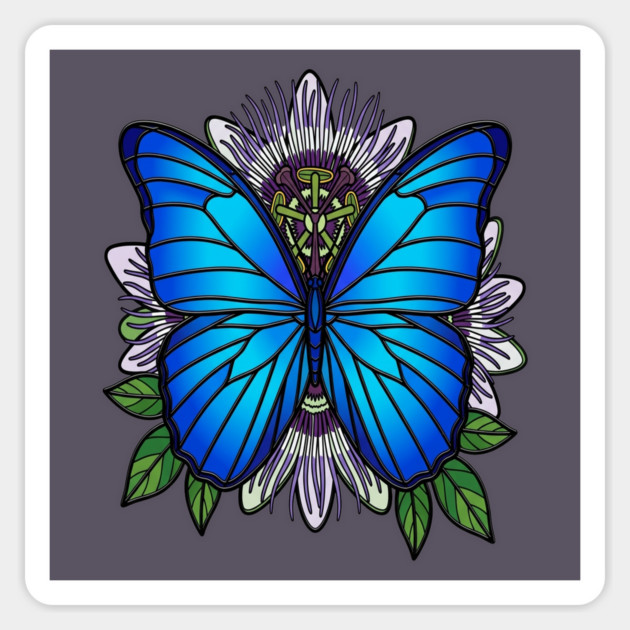Blue Morpho Butterfly Passionflower Art Magnet by BirdsnStuff