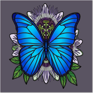 Blue Morpho Butterfly Passionflower Art Posters and Art