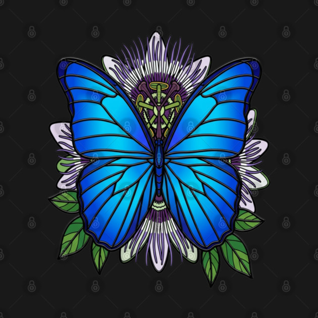Blue Morpho Butterfly Passionflower Art by BirdsnStuff