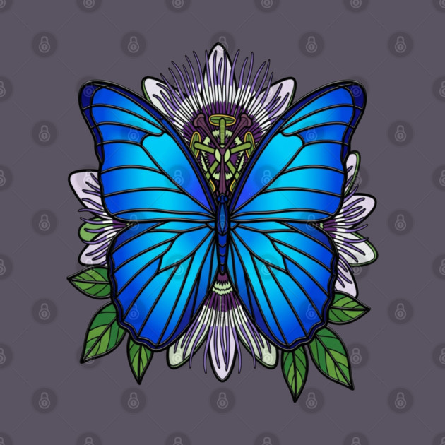 Blue Morpho Butterfly Passionflower Art by BirdsnStuff