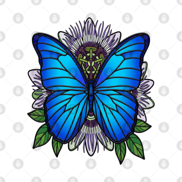 Blue Morpho Butterfly Passionflower Art by BirdsnStuff