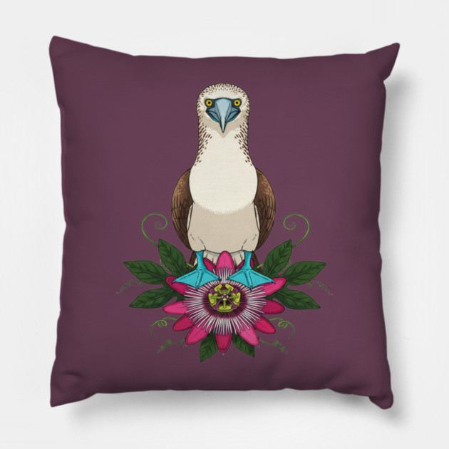 Blue-footed Booby Floral Art Pillow by BirdsnStuff