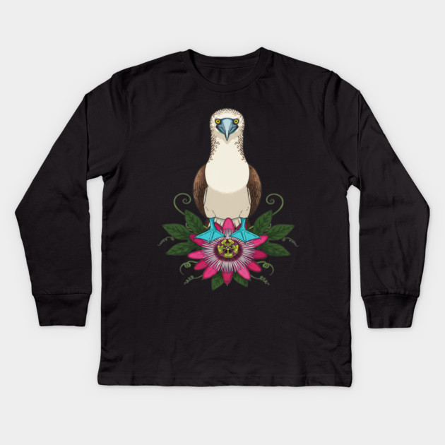 Blue-footed Booby Floral Art Kids Long Sleeve T-Shirt by BirdsnStuff