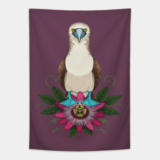 Blue-footed Booby Floral Art Tapestry