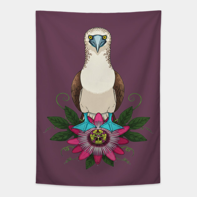 Blue-footed Booby Floral Art Tapestry by BirdsnStuff