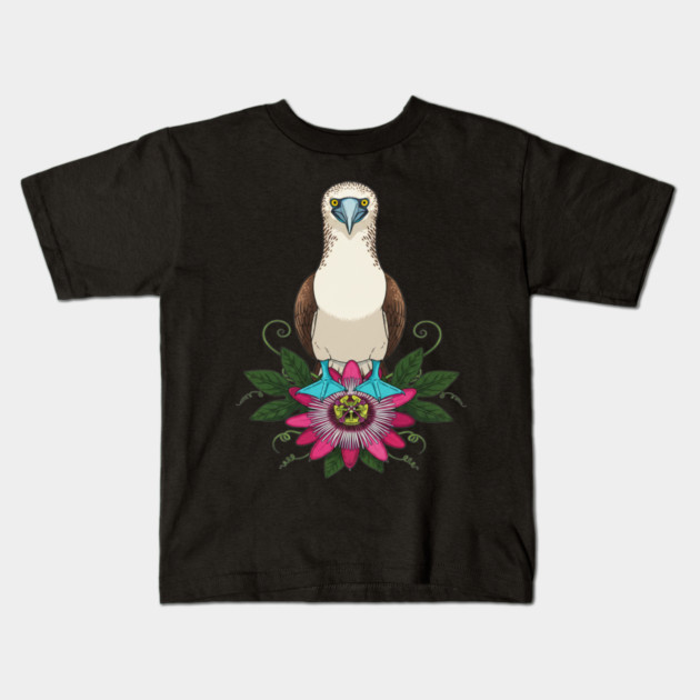 Blue-footed Booby Floral Art Kids T-Shirt by BirdsnStuff