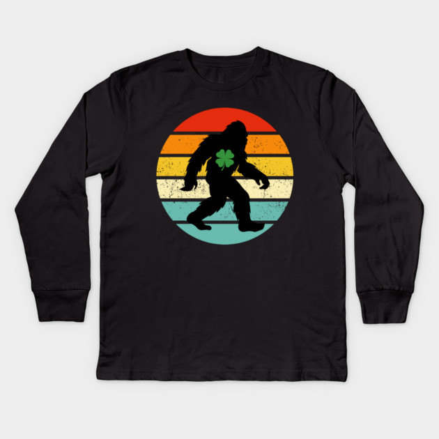Retro Bigfoot Sasquatch Shamrock Kids Long Sleeve T-Shirt by Creatifly Graphic Tees