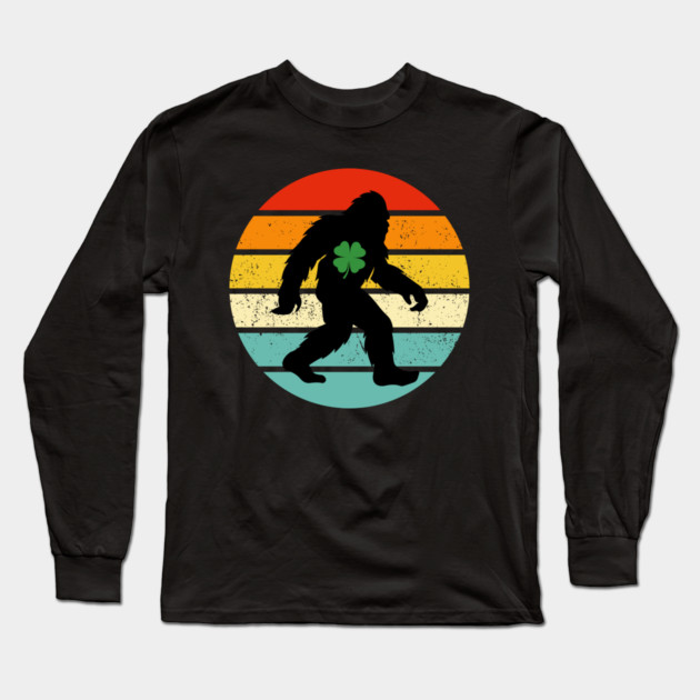 Retro Bigfoot Sasquatch Shamrock Long Sleeve T-Shirt by Creatifly Graphic Tees