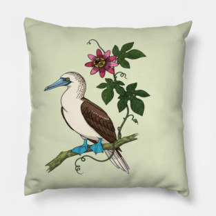 Blue Footed Booby Passionflower Vine Art Pillow