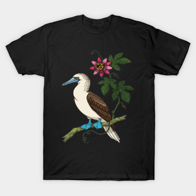 Blue Footed Booby Passionflower Vine Art T-Shirt by BirdsnStuff