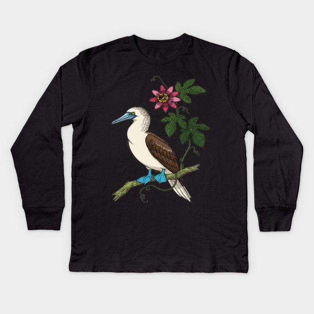 Blue Footed Booby Passionflower Vine Art Kids Long Sleeve T-Shirt by BirdsnStuff
