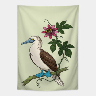 Blue Footed Booby Passionflower Vine Art Tapestry