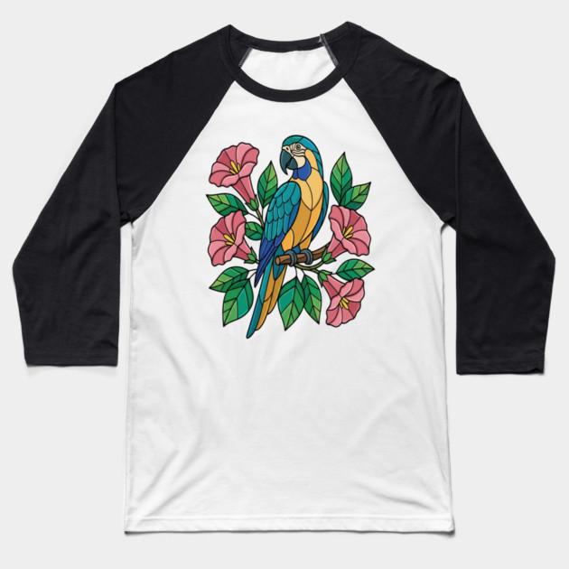 Tropical Blue Throated Macaw Floral Art Baseball T-Shirt by BirdsnStuff
