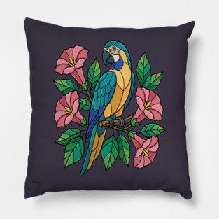Tropical Blue Throated Macaw Floral Art Pillow