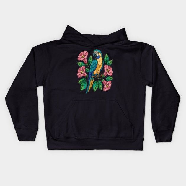 Tropical Blue Throated Macaw Floral Art Kids Hoodie by BirdsnStuff