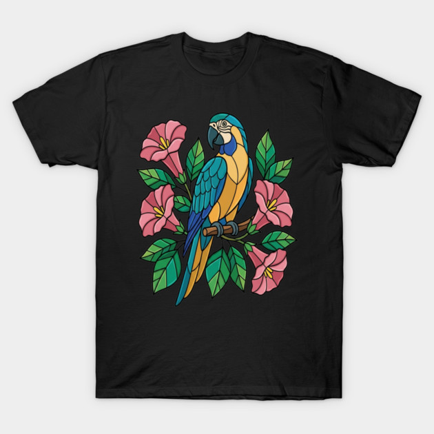 Tropical Blue Throated Macaw Floral Art T-Shirt by BirdsnStuff