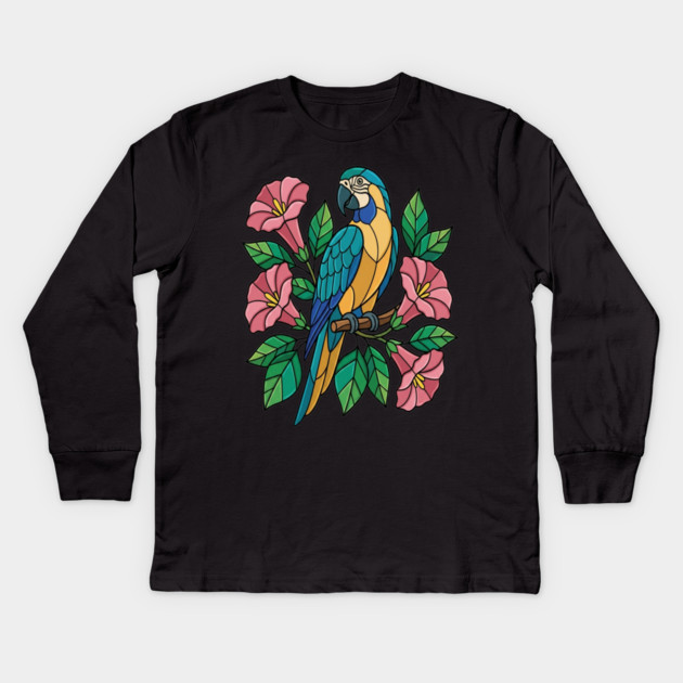 Tropical Blue Throated Macaw Floral Art Kids Long Sleeve T-Shirt by BirdsnStuff