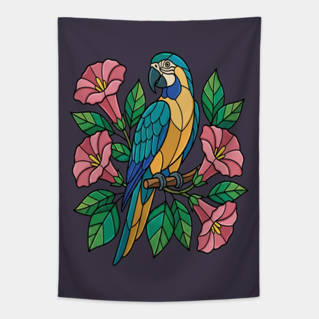 Tropical Blue Throated Macaw Floral Art Tapestry by BirdsnStuff