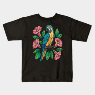 Tropical Blue Throated Macaw Floral Art Kids T-Shirt