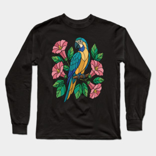 Tropical Blue Throated Macaw Floral Art Long Sleeve T-Shirt