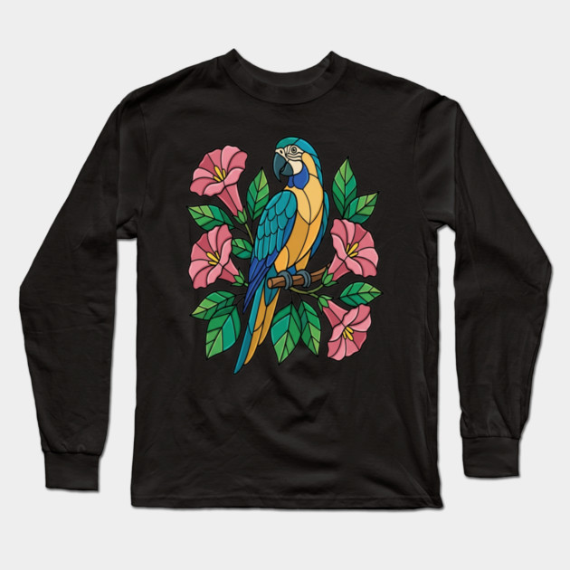 Tropical Blue Throated Macaw Floral Art Long Sleeve T-Shirt by BirdsnStuff