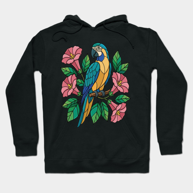 Tropical Blue Throated Macaw Floral Art Hoodie by BirdsnStuff
