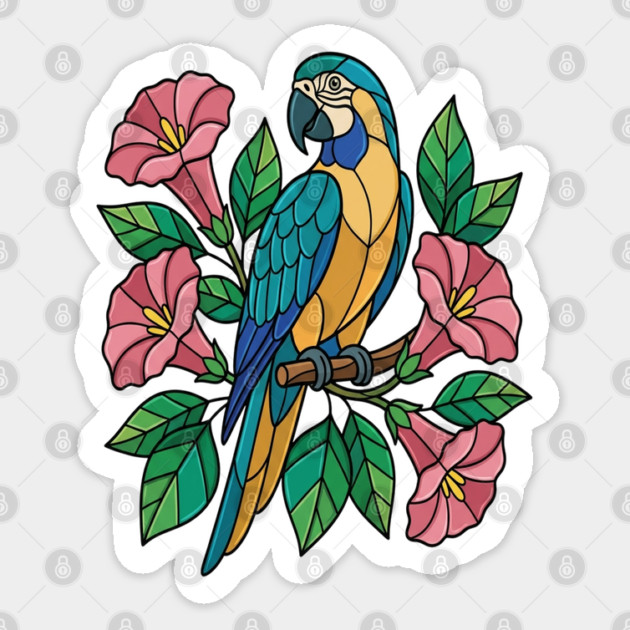 Tropical Blue Throated Macaw Floral Art Sticker by BirdsnStuff