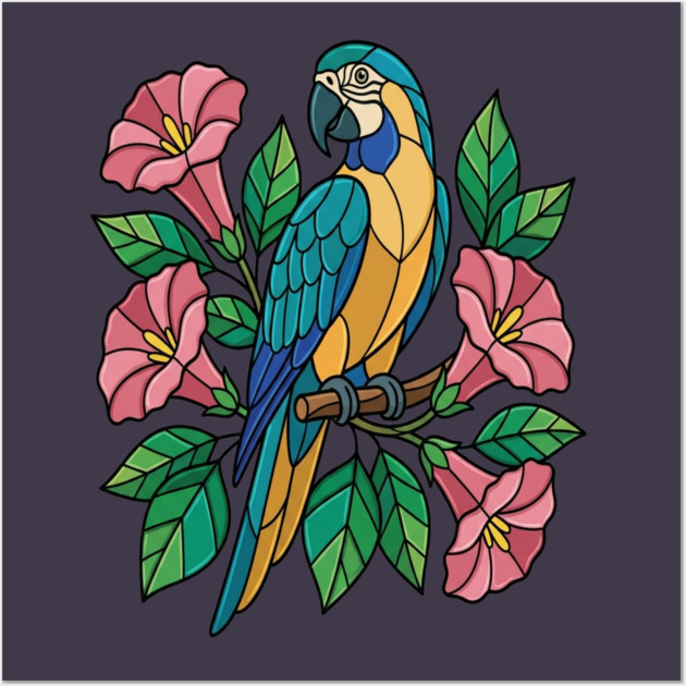 Tropical Blue Throated Macaw Floral Art Wall Art by BirdsnStuff