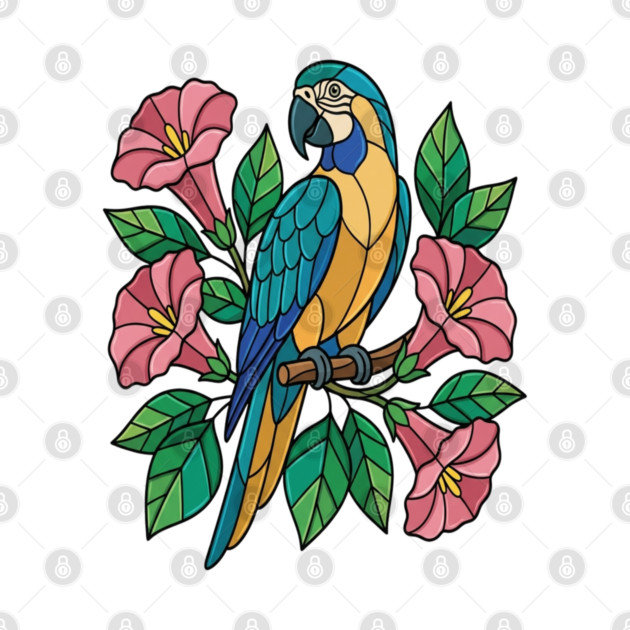 Tropical Blue Throated Macaw Floral Art by BirdsnStuff